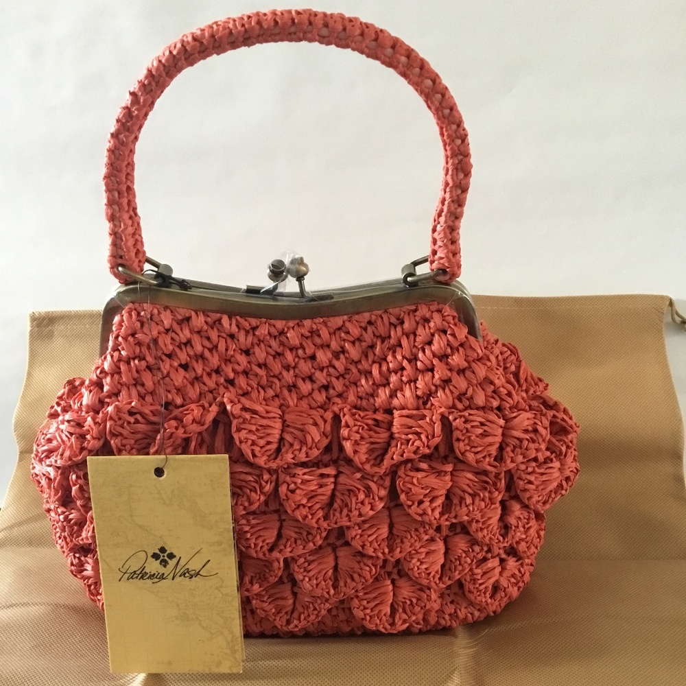 Patricia Nash Laureana Scalloped Raffia Frame Hand/Crossbody Bag Burnt Coral NWT